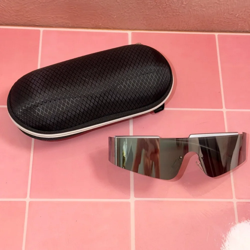 Futuristic Silver Shield Sunglasses Rimless Mirror Wrap Around Cyber Y2K Shades